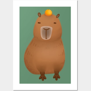 Sitting Capybara with an Orange Hat Posters and Art